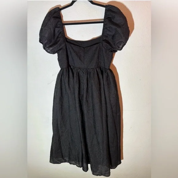 Lulus NWT Adorable Mood” Black Floral Jacquard Puff Sleeve Babydoll Dress Medium - Picture 8 of 14